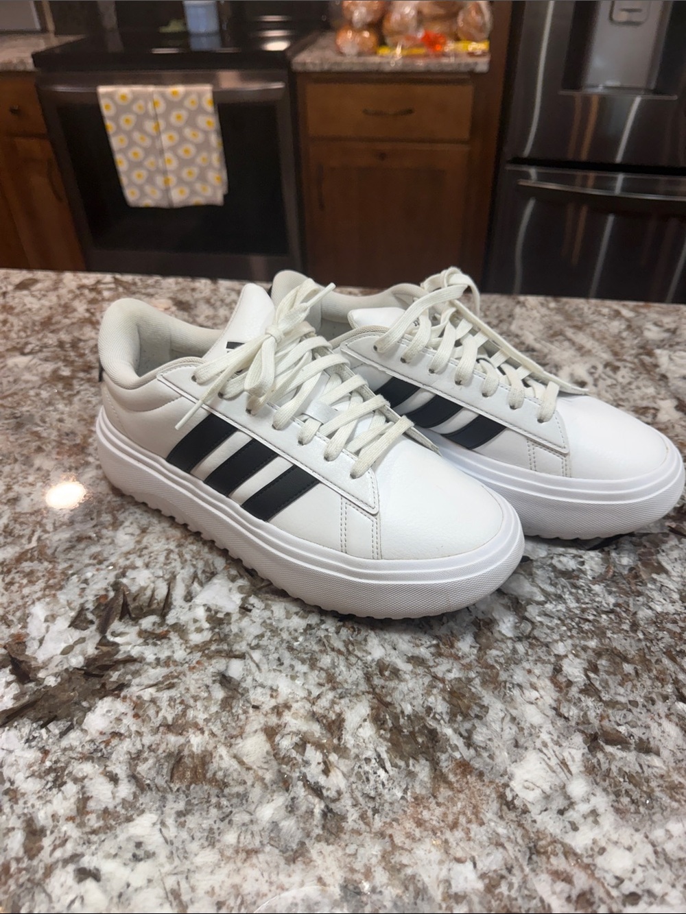 Women’s Platform White Sneakers with Black Stripes - Casual Lace-Up